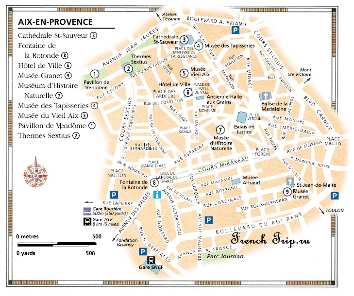 Карта Экс-ан-Прованса с достопримечательностями - В Экс-ан-Прованс на поезде, В Экс-ан-Прованс (Aix-en-Provence) на поезде: как добраться, стоимость билетов, время в пути, схемы маршрутов поездов по Франции и Провансу