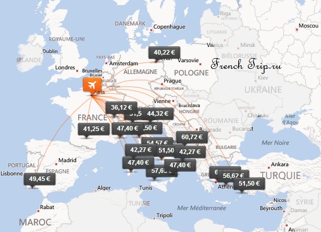 Карта полетов лоукостера Easy Jet из Парижа - Сэкономить во Франции