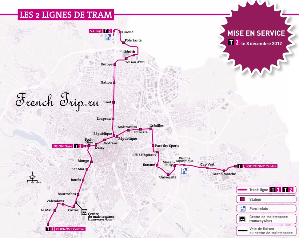 Транспорт Дижона - схема маршрутов трамваев по Дижону