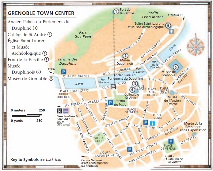 Карта центра Гренобля с достопримечательностями - путеводитель по Греноблю, туристический маршрут по Греноблю
