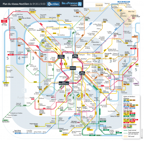 Карты транспорта Парижа - схема маршрутов ночных автобусов Noctilien в Париже