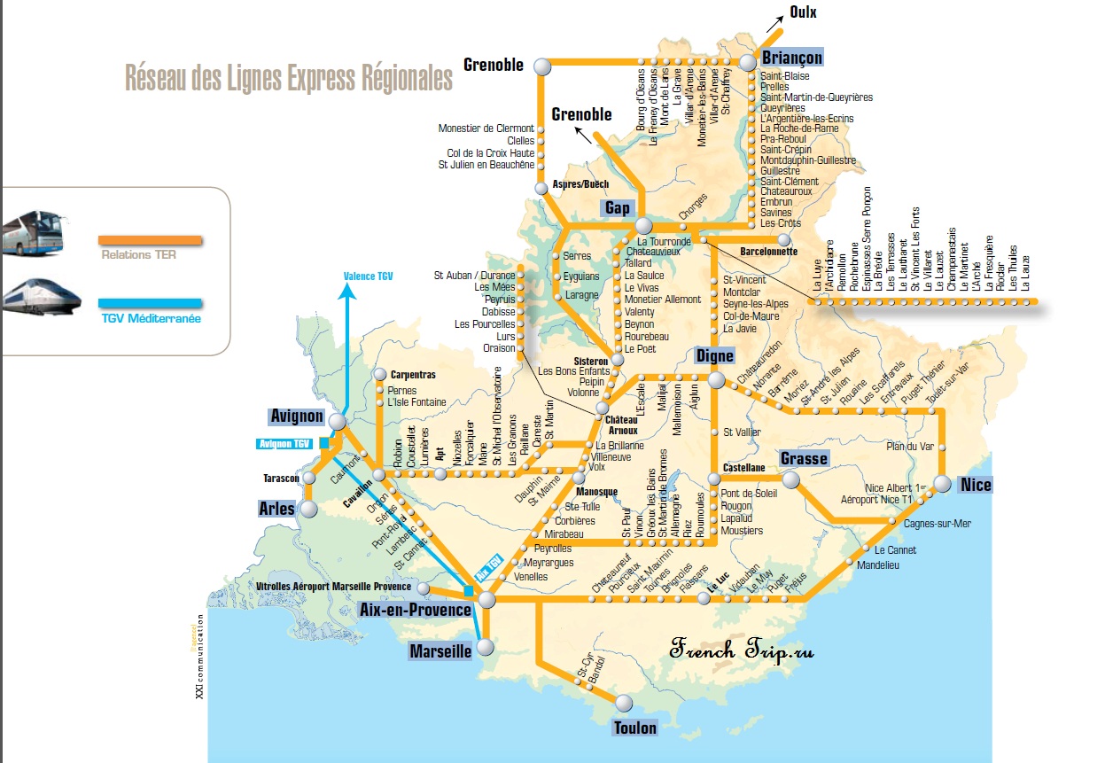 Схема региональных и скорых поездов по Провансу - Из Ниццы на поезде по региону