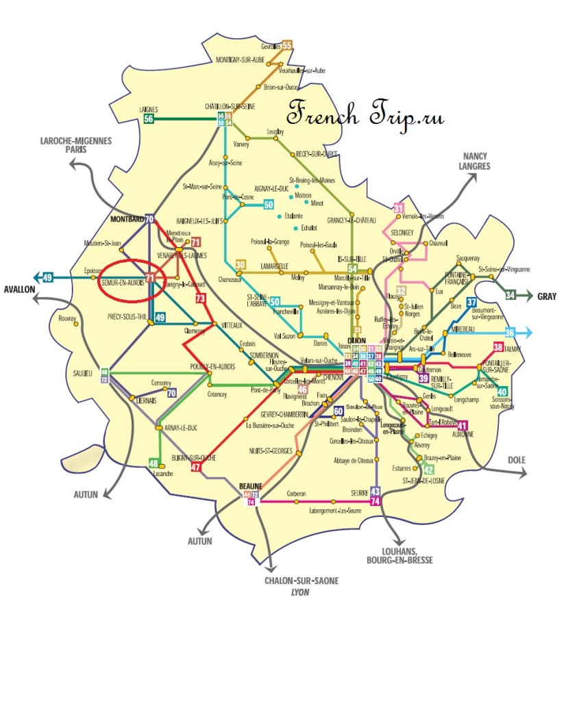 Схема автобусных маршрутов Transco по Бургундии: