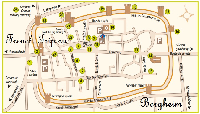 Bergheim (Бергхайм), Эльзас, Франция - достопримечательности, туристический маршрут, карта, история, описание, что посмотреть вокруг Кольмара, Винная дорога