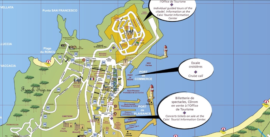Calvi (Кальви) - карта с отмеченными достопримечательностями - путеводитель по городам Корсики