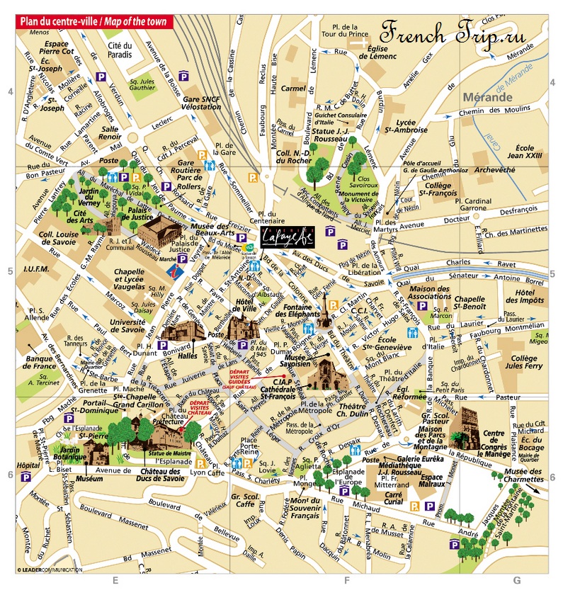Карта Шамбери с отмеченными достопримечательностями - Chambery map with marked sights