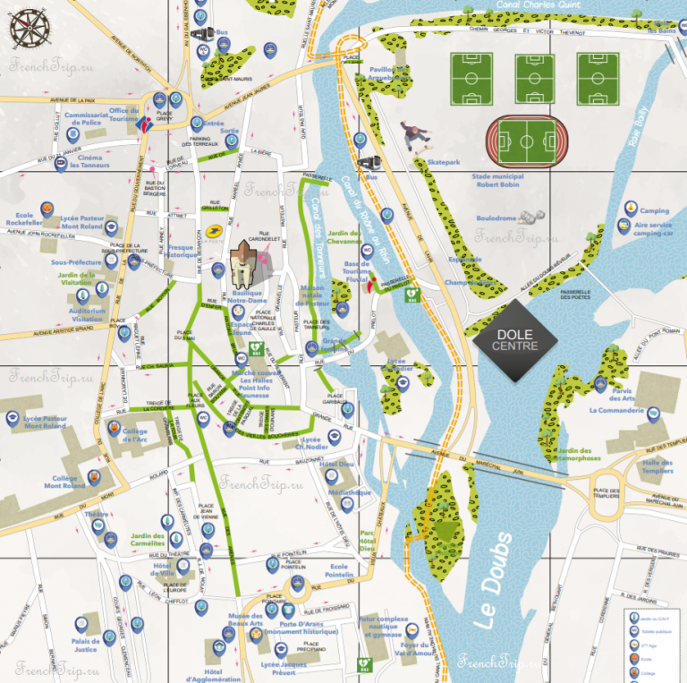 Карта города Доль, Франция, с отмеченными достопримечательностями - путеводитель по Долю