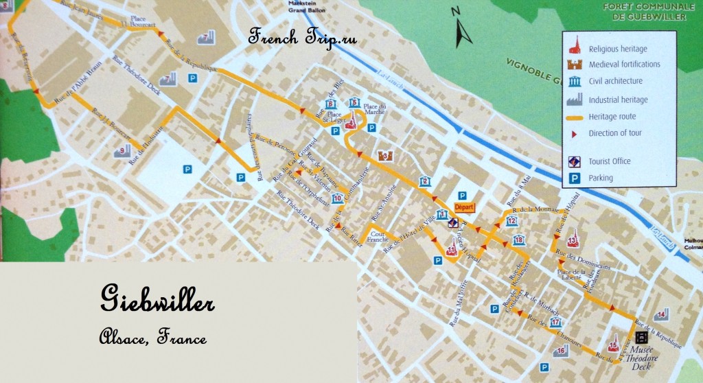 Guebwiller: туристический маршрут с картой и отмеченными достопримечательностями.