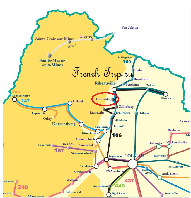 Схема автобусных маршрутов по Эльзасу вокруг Кольмара в Hunawihr - Hunawihr (Юнавир), Эльзас, Франция - достопримечательности, маршрут