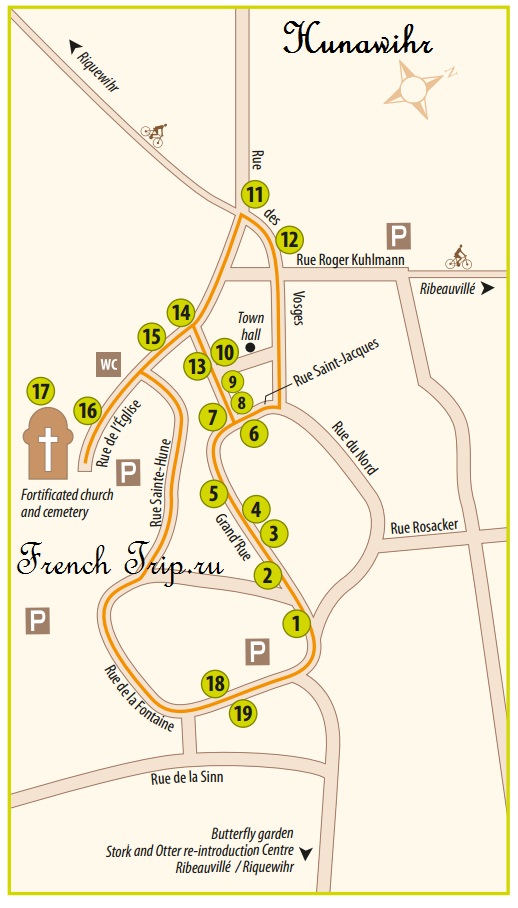Карта Hunawihr с отмеченными достопримечательностями, туристический маршрут по Riquewihr: