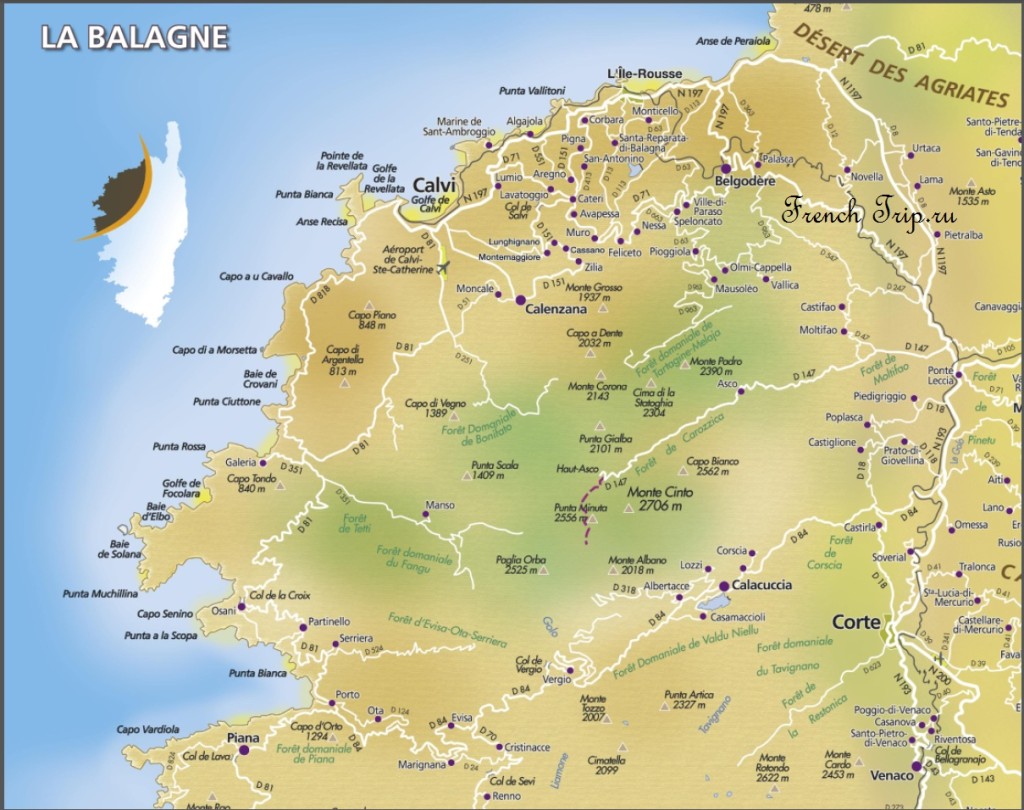 Карта региона вокруг L'Île-Rousse (La Balagne), корсика путеводитель достопримечательности