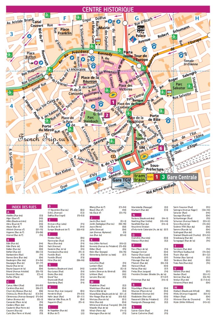 Карта центра Мюлуза с отмеченными достопримечательностями и парковками