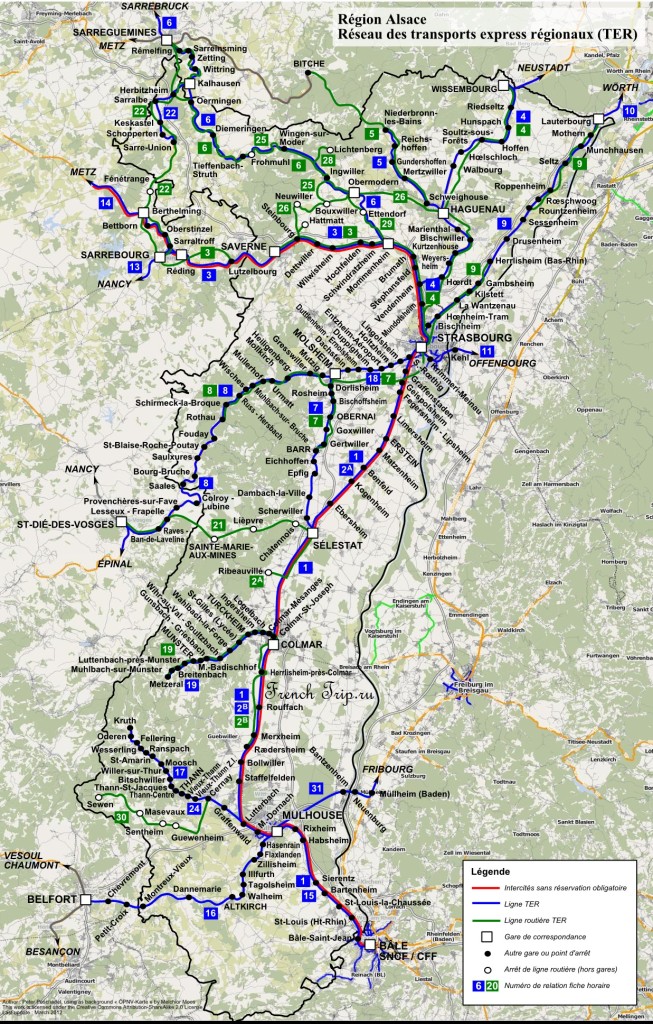 Карта маршрутов поездов по Эльзасу