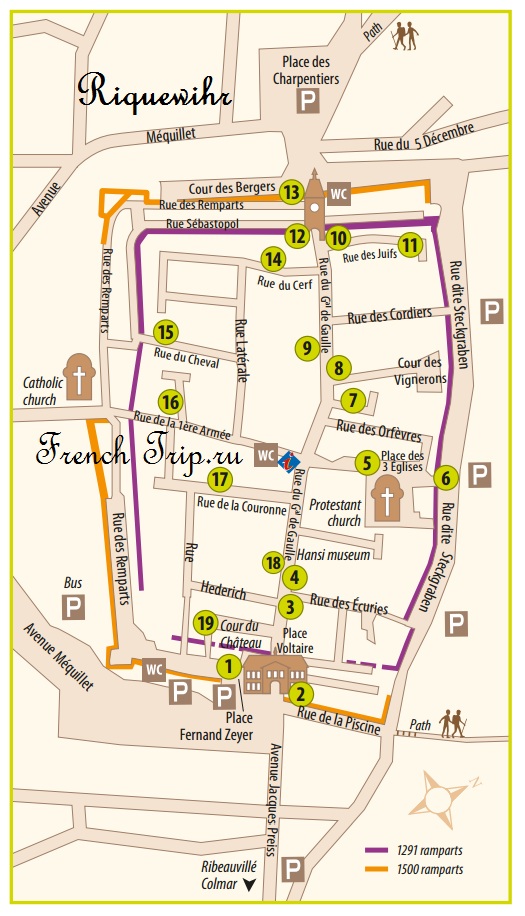 Карта Riquewihr с отмеченными достопримечательностями, туристический маршрут по Riquewihr: