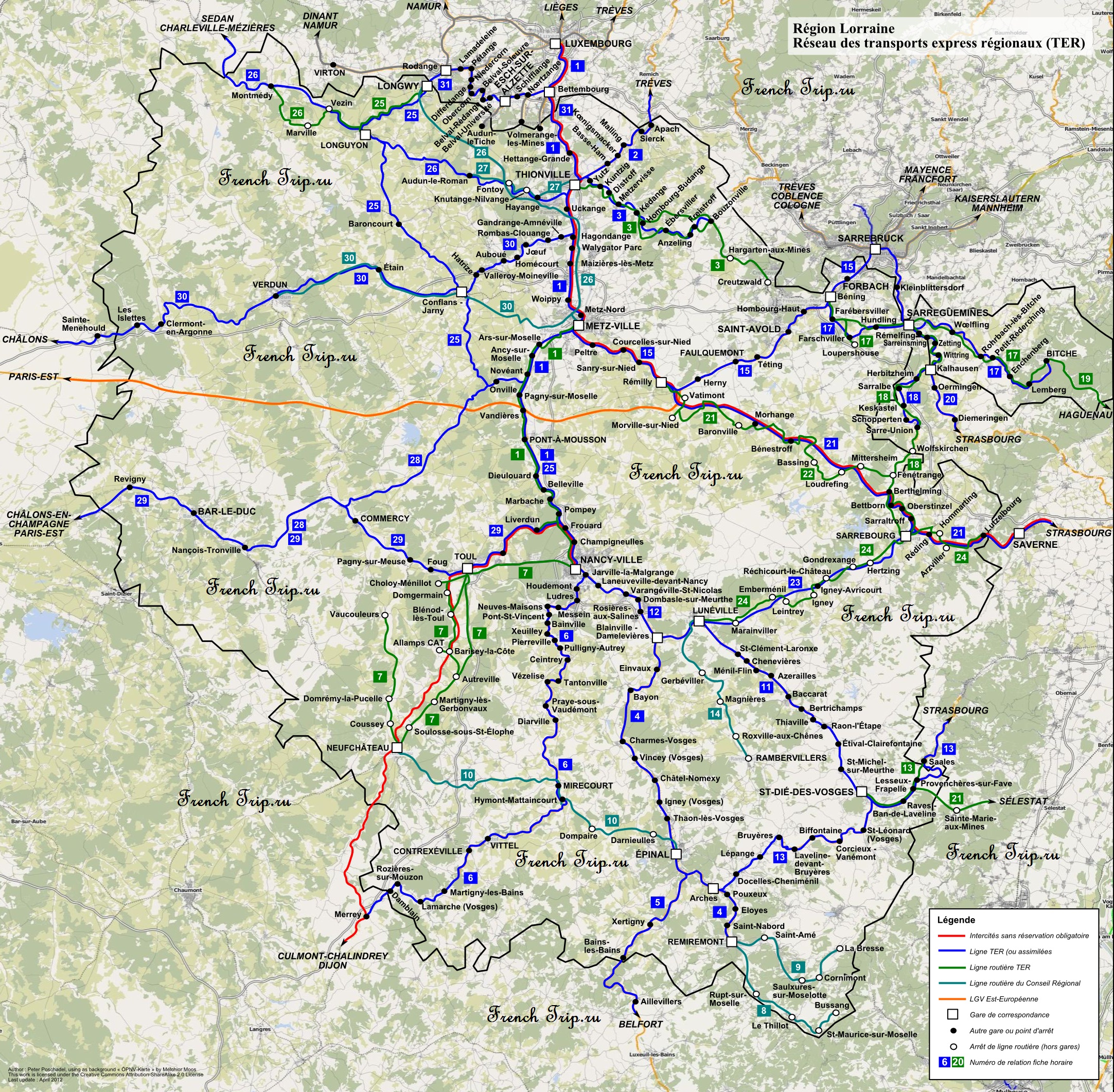 Схема всех маршрутов поездов по Лотарингии, на поезде в Нанси