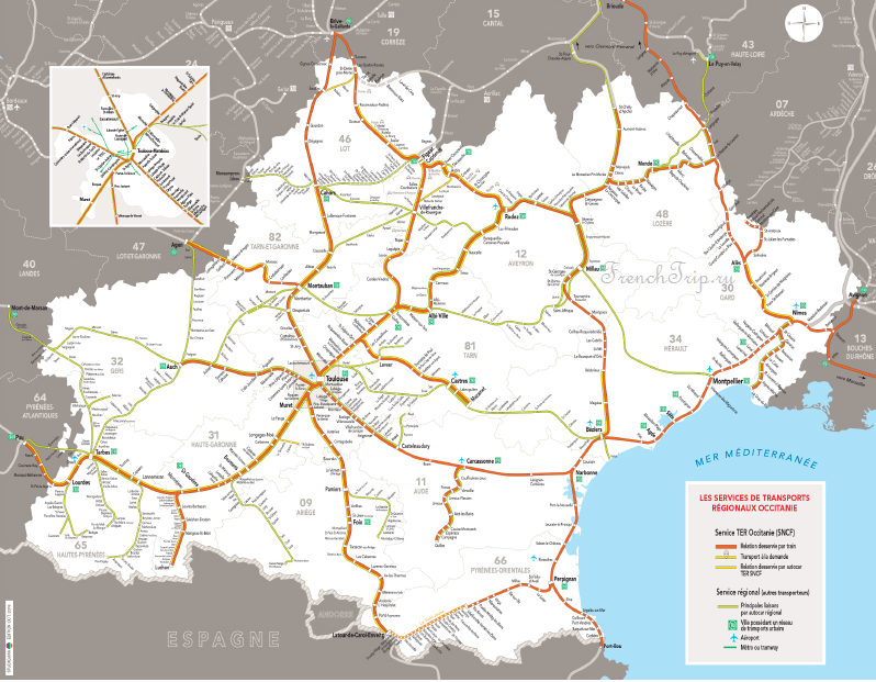 TER Occitaine map train small региональные поезда по Франции, поезда по Окситании, поезда Лангедок Русийон, поезда Юн Пиренеи, поезда Тулуза, поезда Перпиньян, поезда Монпелье