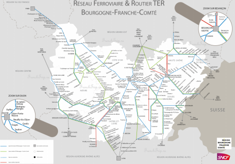 Региональные поезда по Франции - поезда по Бургундии, поезда по региону Франш-Конте, маршруты поездов на карте