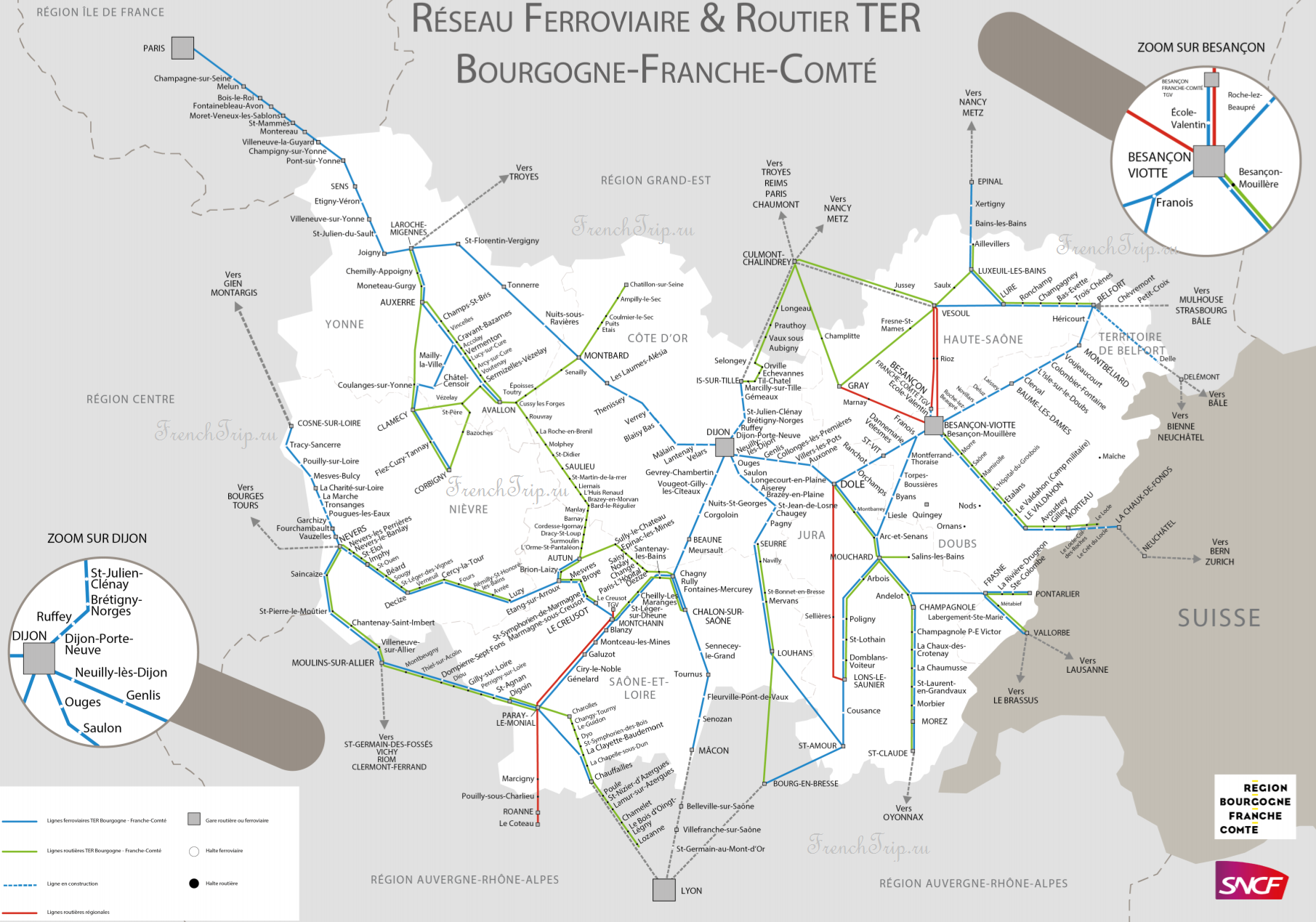Схема региональных поездов по Franche-Comté (Франш-Конте)