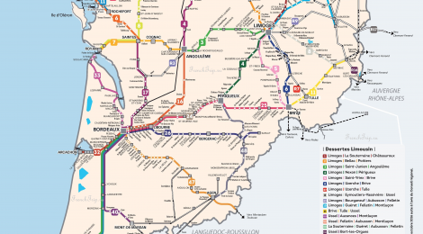 Региональные поезда по Франции - поезда по Новой Аквитании, карта маршрутов поездов по Аквитании