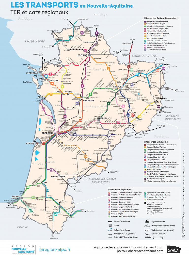 Региональные поезда по Франции - поезда по Новой Аквитании, карта маршрутов поездов по Аквитании