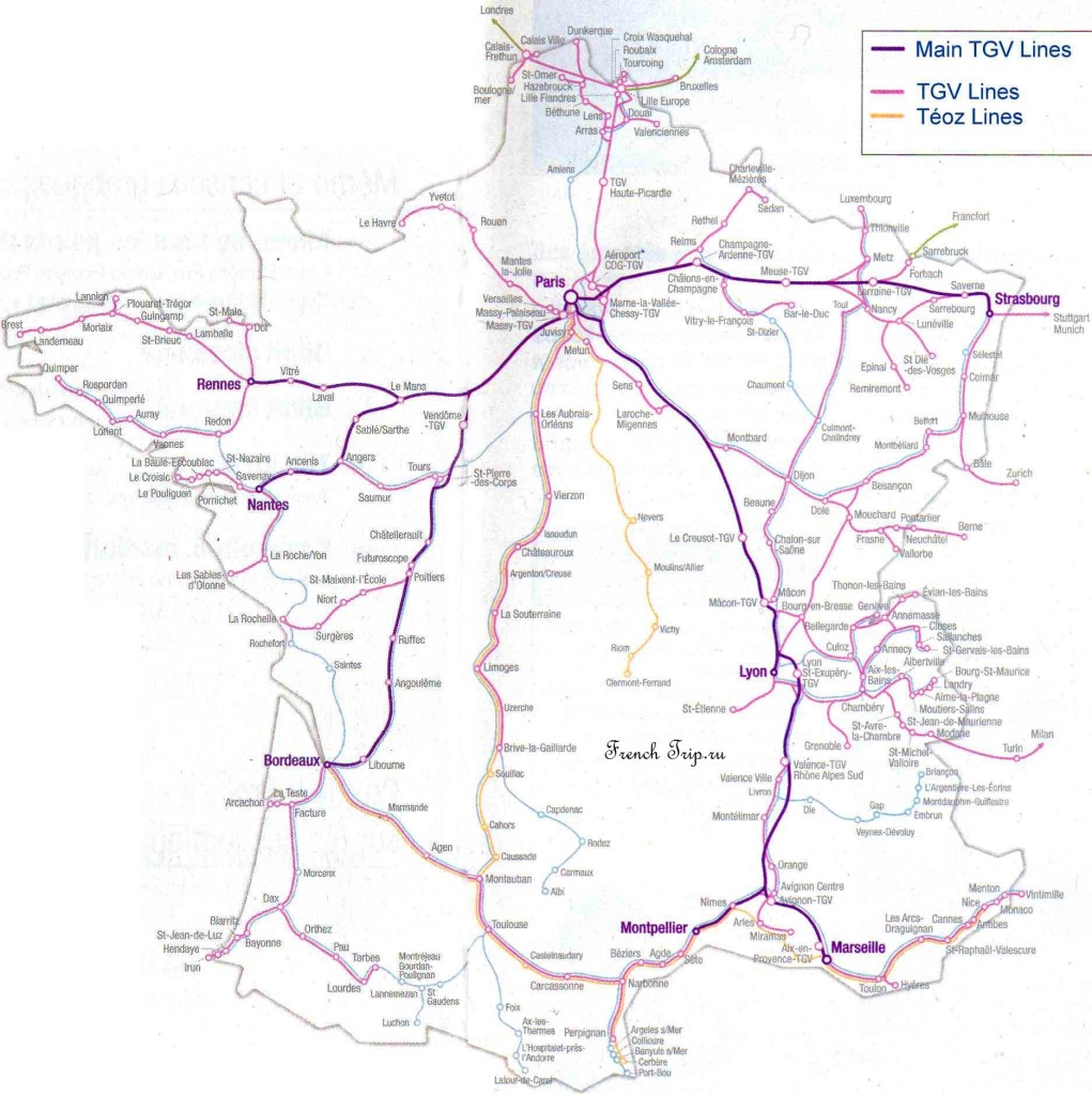  Схема маршрутов  скоростных поездов TGV по Франции - на поезде в Шамбери