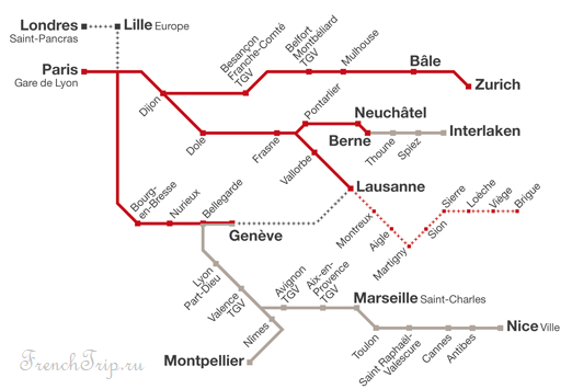  TGV Lyria - схема маршрутов поездов, на поезде во Францию, на поезде в Париж, поезда из Парижа
