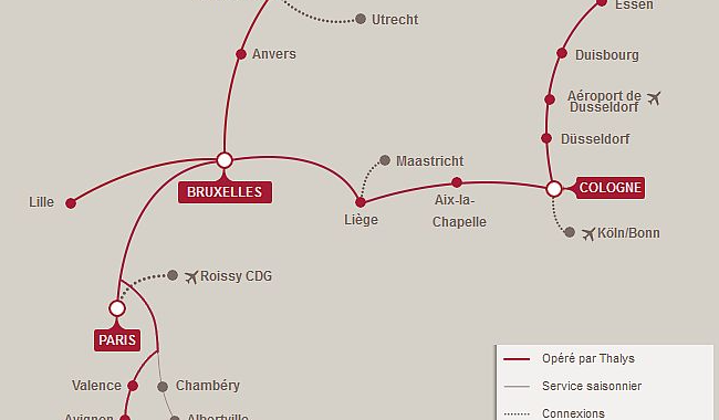 Поезда по Франции - Thalys - схема маршрутов поездов