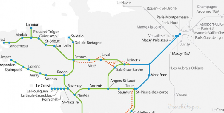 На поезде в Париж, из Парижа на поезде на запад, схема маршрутов поездов из Парижа, поезда по Франции, схема маршрутов поездов по Франции, из Парижа в Бретань