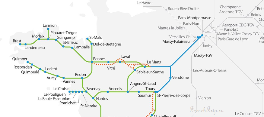 На поезде в Париж, из Парижа на поезде на запад, схема маршрутов поездов из Парижа, поезда по Франции, схема маршрутов поездов по Франции, из Парижа в Бретань