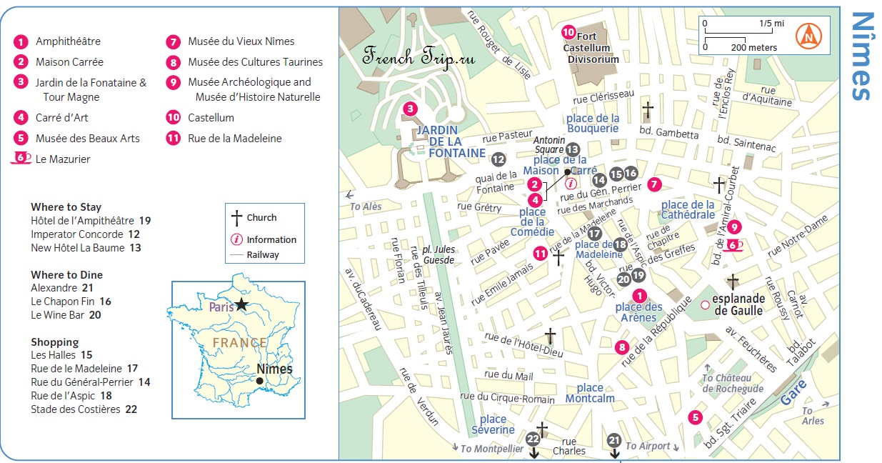 Карта Нима (Nîmes) с отмеченными достопримечательностями, путеводитель по Ниму, что посмотреть в Ниме, туристический маршрут по городу Ним, Франция, Лангедок-Русийон, Nimes tourist map Languedoc-Rousillon travel guide sights what to see