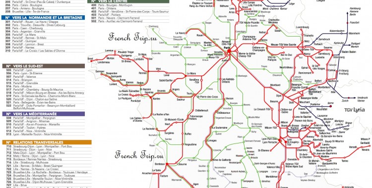Схема маршрутов поездов TGV по Франции
