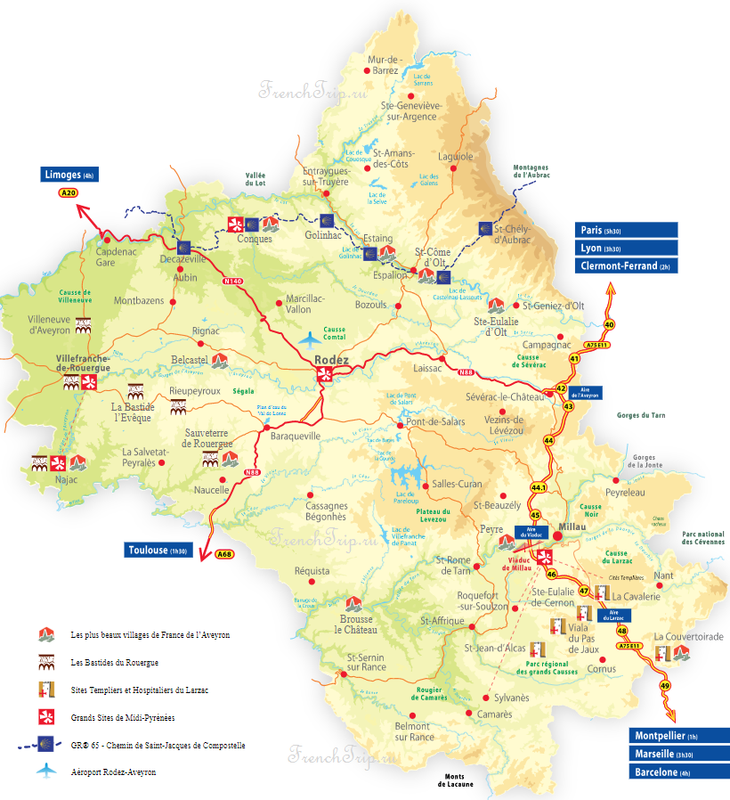 Aveyron map - Rodez - Conques - Belcastel - Capdenac - Villefrance-de-Rouergue - Najac - Roquefort - Millau - в окрестностях Родеза