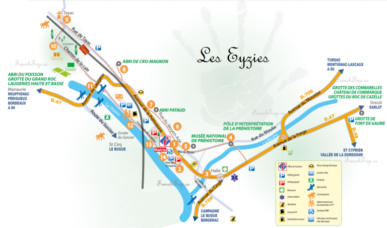 Карта и туристический маршрут по Les Eyzies-de-Tayac