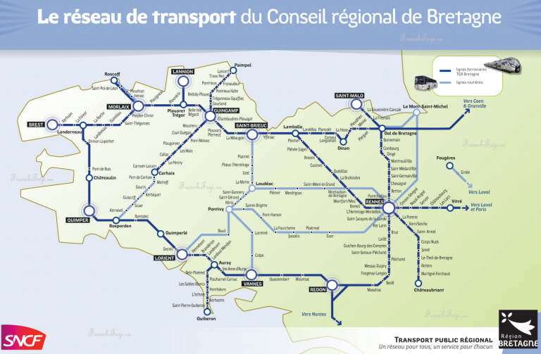 TER Bretagne Map - схема маршрутво поездов TER по Бретани - На поезде в Мон Сен-Мишель
