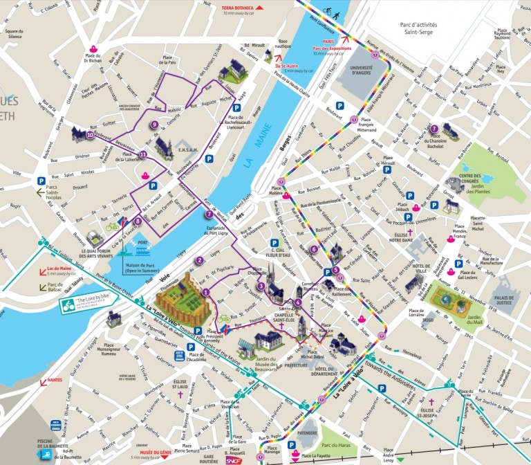 Туристический маршрут по городу Анже, карта Анже, достопримечательности на карте Анже