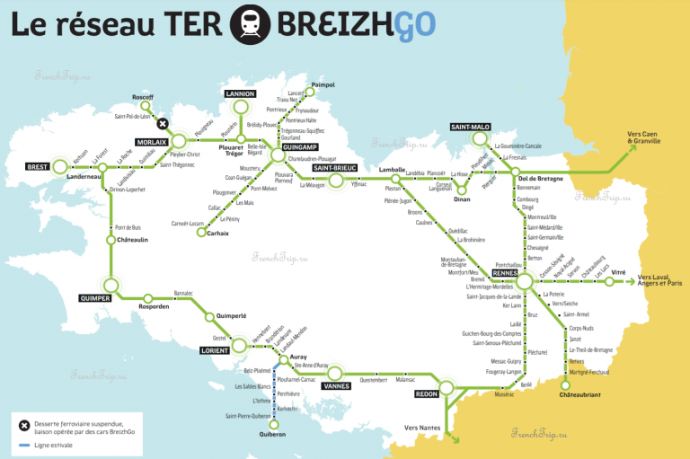 Схема маршрутов поездов по Бретани - транспорт Бретани, как добраться в Бретани, на поезде Бретань