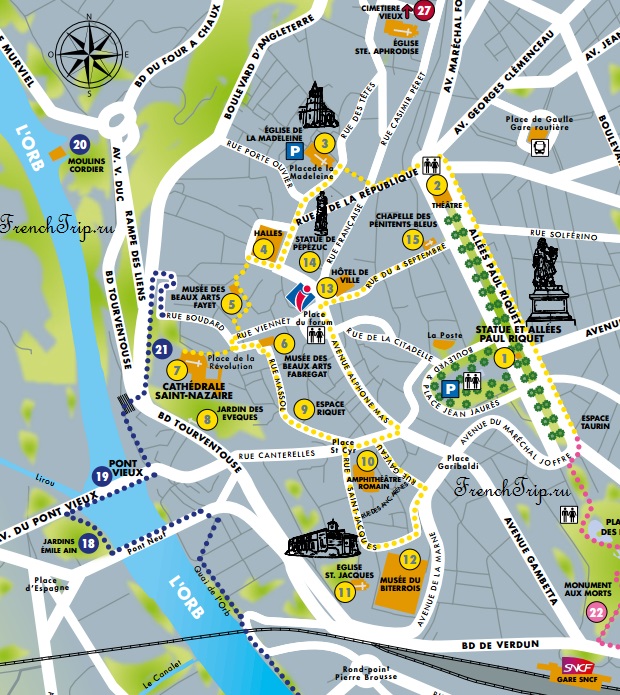 Туристический маршрут по Безье - достопримечательности Безье на карте, путеводитель по городу Безье, Франция - что посмотреть в Безье