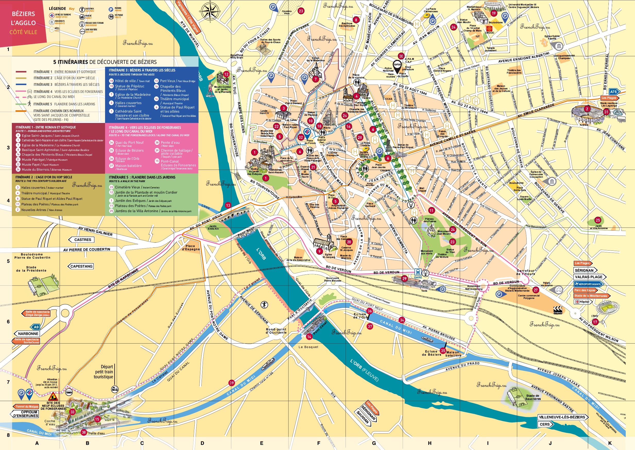 Достопримечательности Безье на карте города - туристическая карта Безье, Франция - путеводитель по городу Безье, что посмотреть в Безье