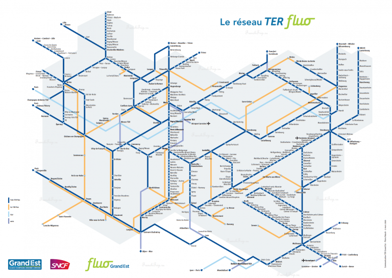 TER Grand-Est Lorraine Champagne Alsace map - схема маршрутов поездов по региону Гранд-Эст, Франция Транспорт Эльзаса: схема маршрутов, стоимость билетов