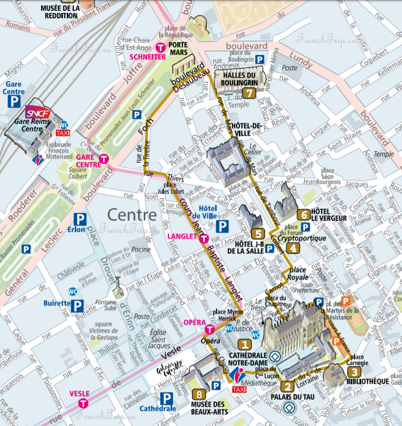 Достопримечательности Реймса на карте и туристический маршрут по городу