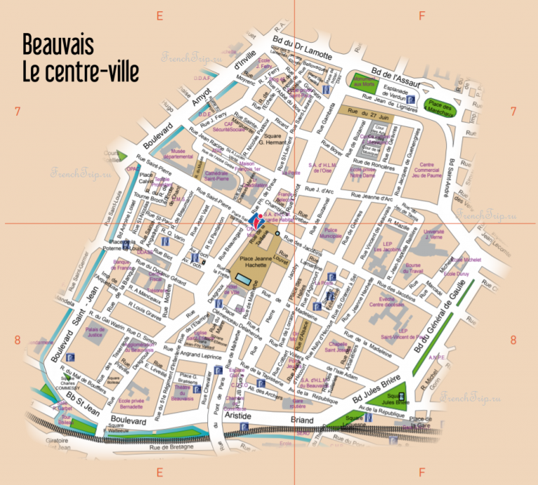 Туристическая карта Бове с отмеченными достопримечательностями - Beauvais (Бове), Пикардия (О-де-Франс), Франция - лучший путеводитель по городу. Как добраться, что посмотреть: достопримечательности, фото, карта, маршрут