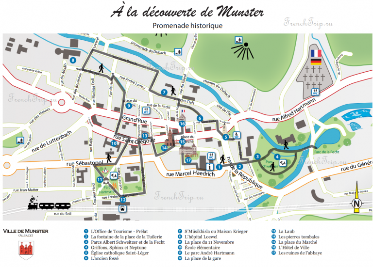 Munster, Alsace_map, sights - walking tour Карта и туристический маршрут по городу Мюнстер