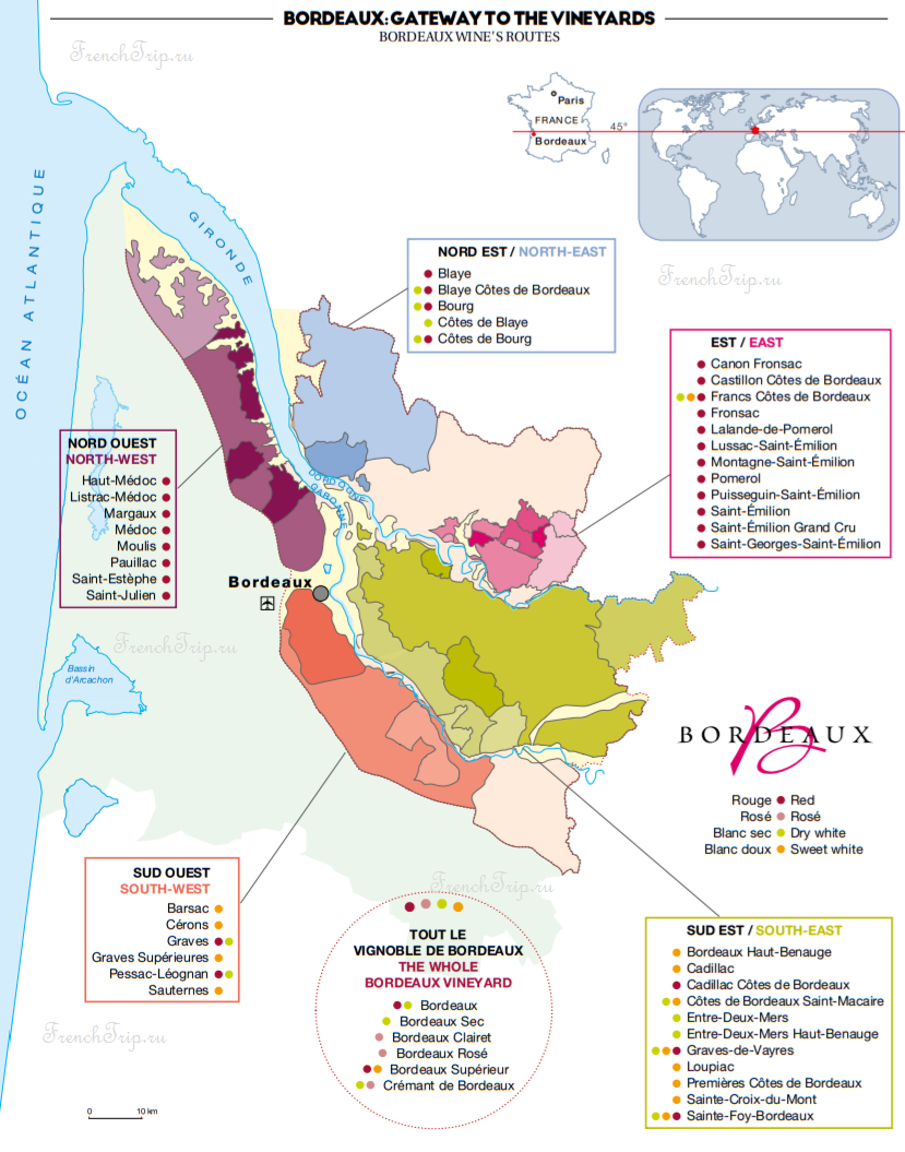 Bordeaux vineyards wine routes, Винные маршруты Бордо - карта - виноградники Бордо