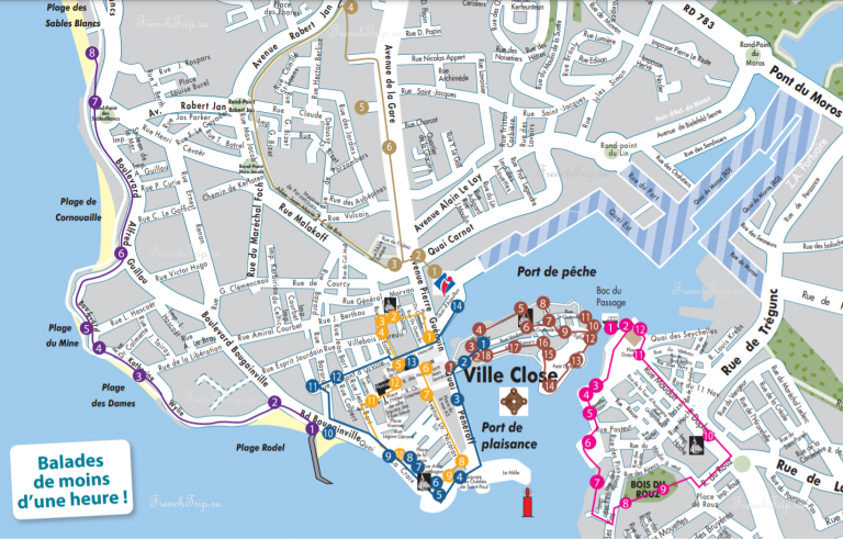Туристический маршрут по Конкарно (Concarneau), Бретань, Франция - карта с отмеченными достопримечательностями, что посмотреть в Конкарно