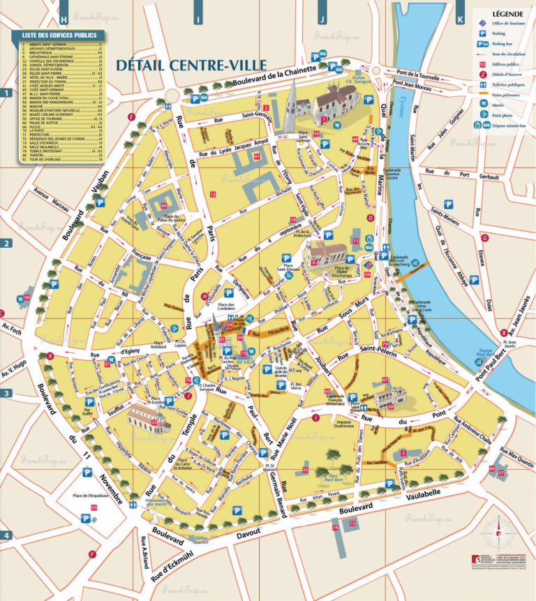 Карта Осера - достопримечательности Осера на карте, туристическая карта города Осер (Auxerre), Бургундия, Франция, парковки в Осера на карте
