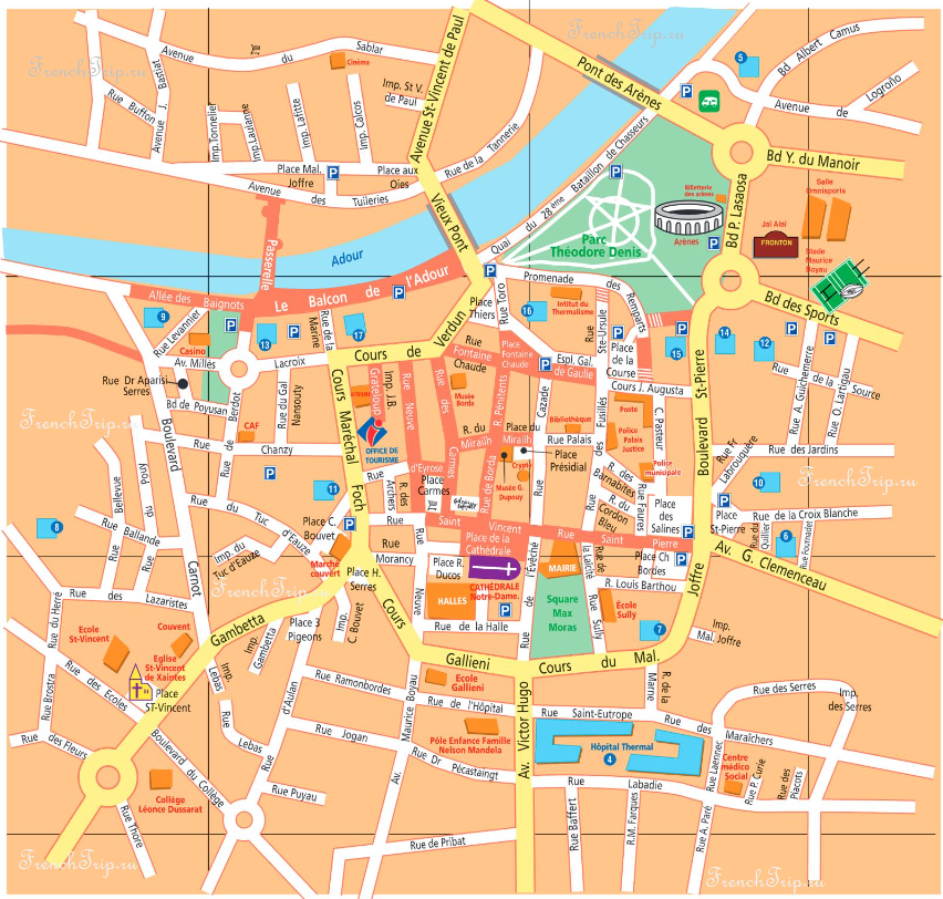 Туристическая карта города Дакс (Франция) с отмеченными достопримечательностями