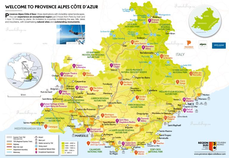 Главные достопримечательности Прованса и Лазурного берега на карте
