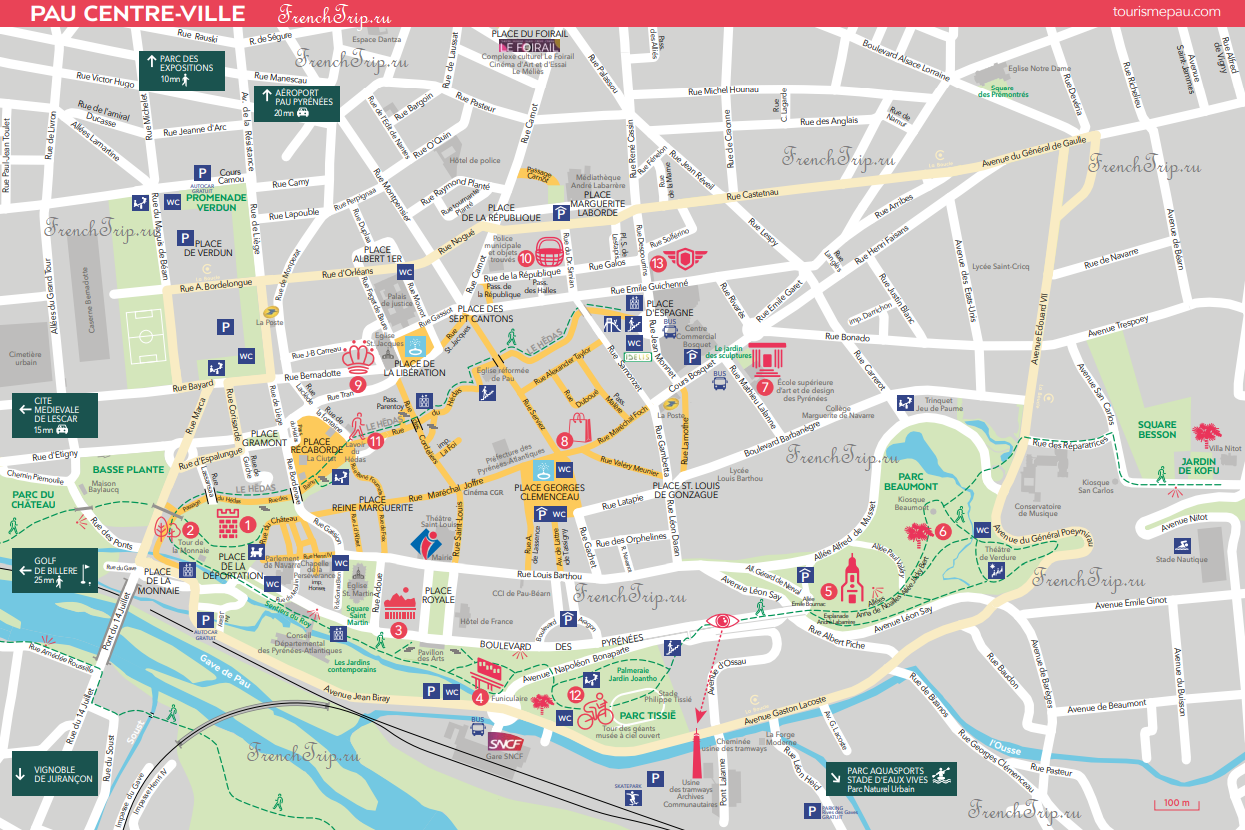 Туристическая карта города По с отмеченными достопримечательностями