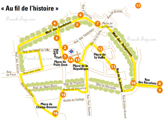 Sezanne, Marne, Champagne-Ardennes walking tour map, tourist map