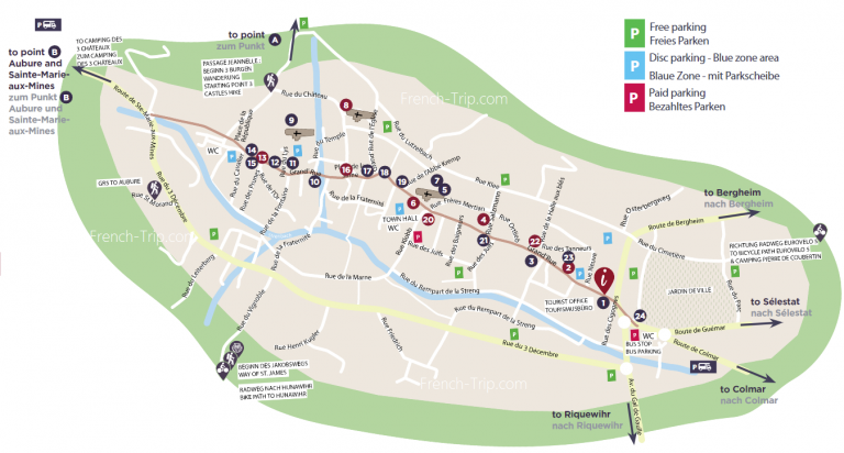 Ribeauville tourist map, ribeauville walking tour, ribeauvile itineraries. Туристический маршрут по Рибовилю